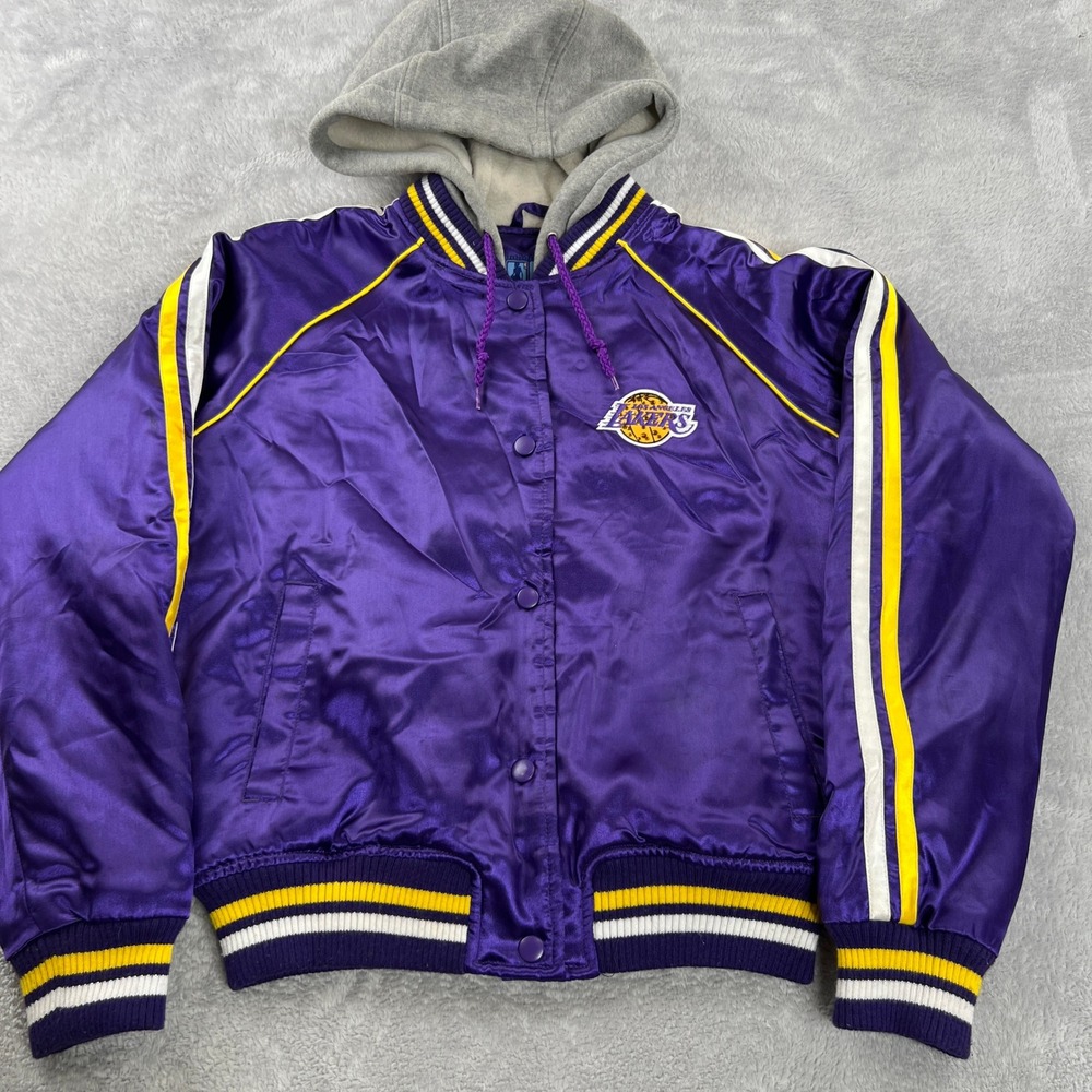 G-III 4Her Los Angeles Lakers Satin Varsity Jacket S Purple Rhinestone Hooded